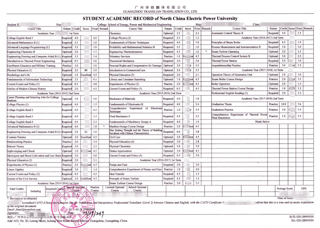 大学本科成绩单翻译图片