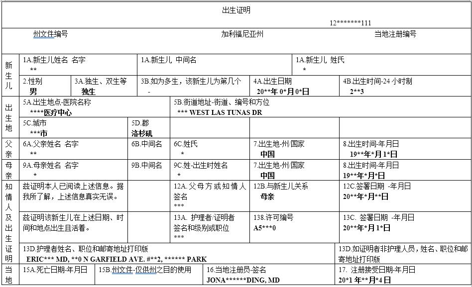 加利福尼亚州出生证明翻译成中文模板内容