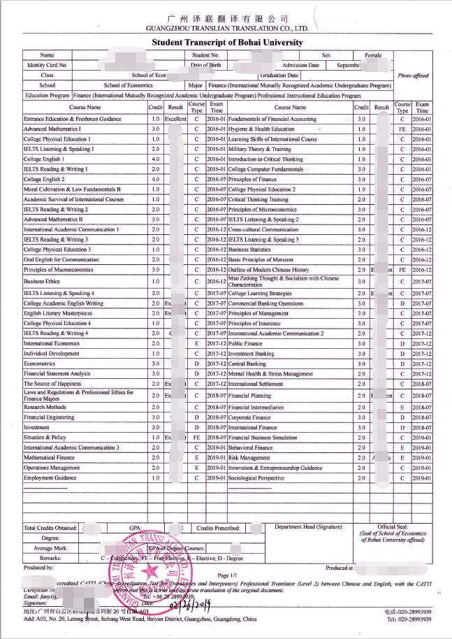 留学成绩单翻译成英文模板图片